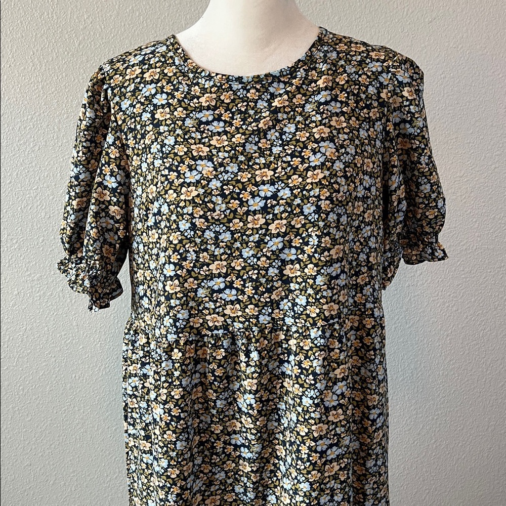 PrettyGarden Floral Ruffle Tiered Midi Dress Blue/Tan Size Small NWT